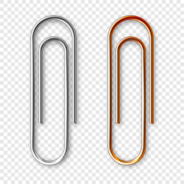 Realistic copper and steel paperclips attached to paper. Shiny metal paper clip, page holder, binder. Workplace office supplies. Vector illustration. - Vector, Image