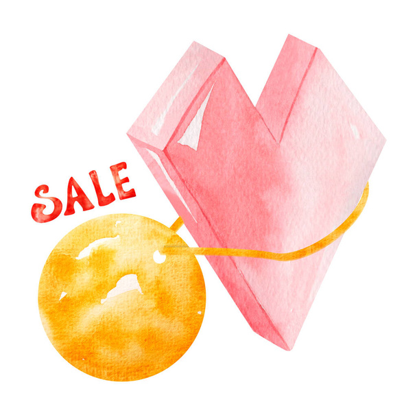 Volumetric heart with a yellow tag watercolor illustration and handwritten inscription sale Template for inserting into advertising, article, design - 写真・画像