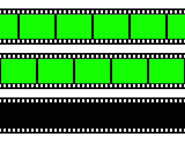 Realistic blank film strip, camera roll. Old retro cinema movie strip with green chroma key background. Analog video recording and photography. Visual effects compositing. Vector illustration. - Vettoriali, immagini