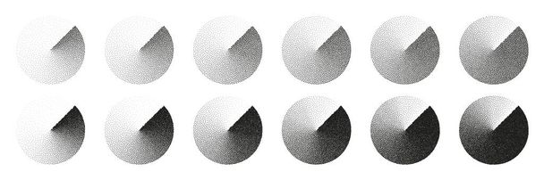 Round shaped dotted objects, stipple elements. Fading gradient. Stippling, dotwork drawing, shading using dots. Pixel disintegration, halftone effect. White noise grainy texture. Vector illustration. - Vector, Image