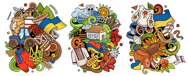 Ukrajna rajzfilm raszteres firka tervez készlet. Színes részletes kompozíciók sok ukrán tárgyak és szimbólumok. - Fotó, kép