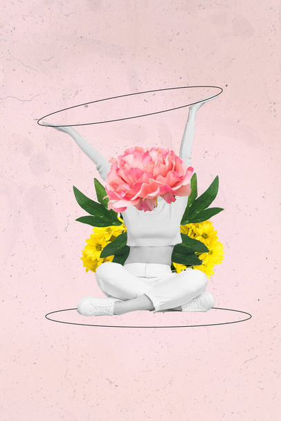 Photo collage cartoon comics sketch picture of lady pink flower instead of head rising arms making vase isolated drawing background. - Zdjęcie, obraz