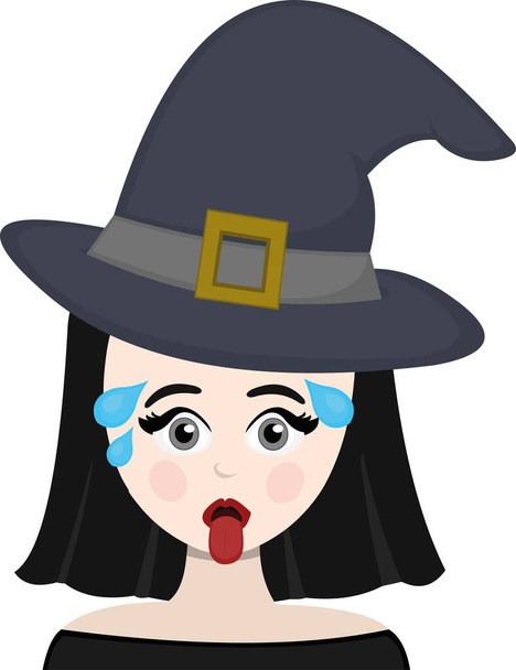 векторная иллюстрация измученной мультяшной ведьмы с высунутым языком и пятнами пота на голове - Вектор,изображение