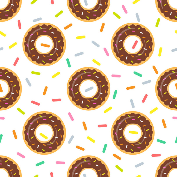 Leuke chocolade donut naadloos patroon. Zoete donuts met suiker confetti. Ongezond voedsel. Vector geïsoleerd op witte achtergrond. - Vector, afbeelding