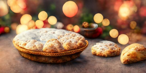 christmas pie and cookies with christmas lights bokeh background - Photo, Image