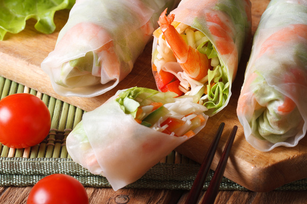 sliced the spring rolls with shrimp top view horizontal - Фото, изображение