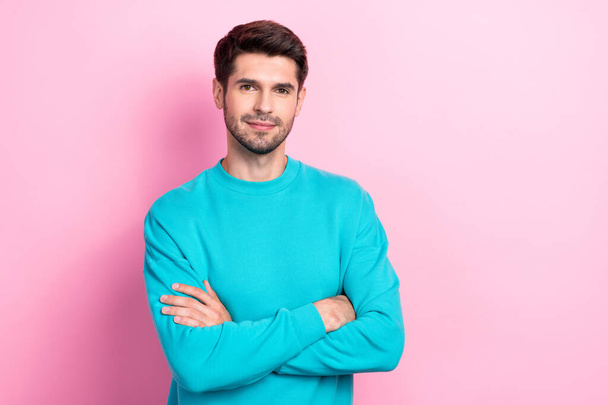 Photo of young entrepreneur rich business company owner freelance it developer wear blue pullover folded arms isolated on pink color background. - Photo, Image