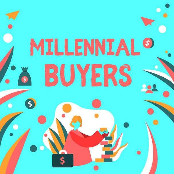 Expositor conceptual Millennial Buyers, Concepto de negocio Tipo de consumidores que están interesados en productos de tendencia - Foto, imagen
