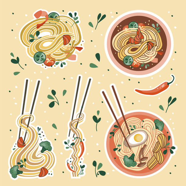 Asian food stickers. Chinese noodles with seafood. Udon or ramen soup. Suitable for restaurant banners, logos, and fast food advertisements. Korean food. - Vettoriali, immagini