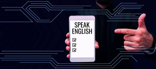 Sign displaying Beszél angolul, Üzleti kirakat Tanulmány egy másik idegen nyelv Online szóbeli kurzusok - Fotó, kép