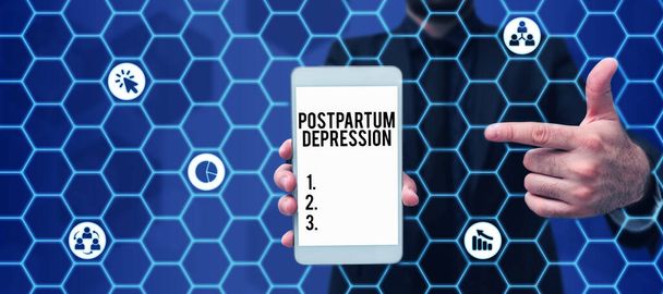 Έμπνευση που δείχνει σημάδι μετά τον τοκετό Κατάθλιψη, Ιντερνετ Έννοια μια διαταραχή διάθεσης που περιλαμβάνει έντονη κατάθλιψη μετά τον τοκετό - Φωτογραφία, εικόνα