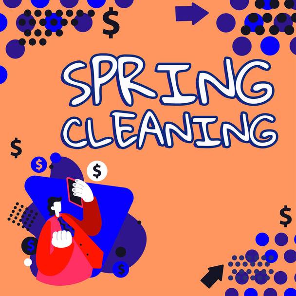 Szöveg felirat bemutatása Tavaszi tisztítás, Üzleti megközelítés gyakorlat alaposan takarítás ház tavasszal - Fotó, kép
