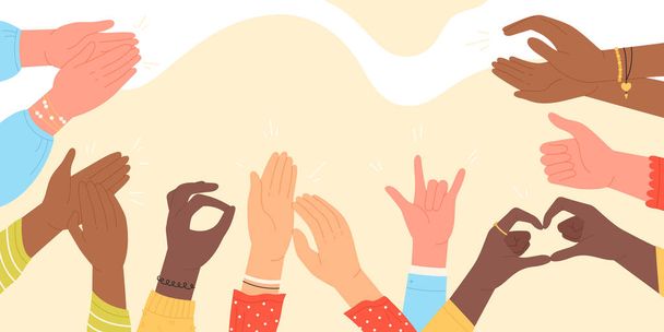 Hands of people clap and applaud vector illustration. Cartoon happy multicultural human arms respect and congratulate with thumbs up and applause, greeting gestures and ovation, positive feedback - Vector, Image