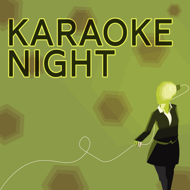 Teksti kuvateksti esittää Karaoke Night, Concept merkitys Viihde laulaa pitkin instrumentaalimusiikkia pelataan koneen - Valokuva, kuva