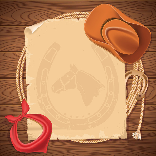 Wild west background with cowboy hat and american lasso on wood  - Вектор,изображение
