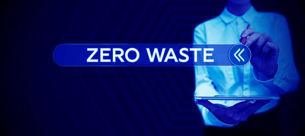 Textschild mit der Aufschrift Zero Waste, Unternehmensübersicht Industrielle Verantwortung umfasst Kompostierung, Recycling und Wiederverwendung - Foto, Bild