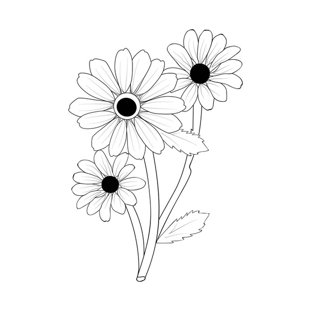 Gebläse und Kamillenblätter im monochromen Doodle-Stil auf weißem Hintergrund. Schwarzäugiger Sonnenschein handgezeichnete Illustration des Skizzenmalbuchs für Kinder - Vektor, Bild