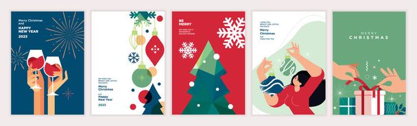 Merry Christmas and Happy New Year. Set of vector illustrations for background, greeting card, party invitation card, website banner, social media banner, marketing material. - Vector, Image