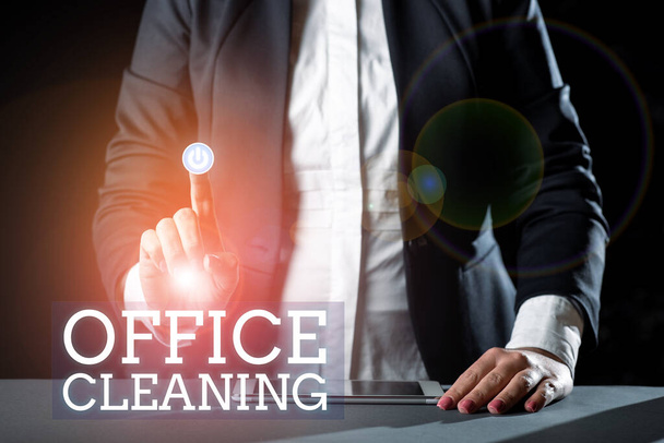 Znak pisma ręcznego Sprzątanie biura, Biznes podejście do działania lub procesu czyszczenia wnętrza budynku biurowego - Zdjęcie, obraz