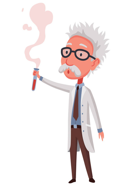 Old scientist holding chemical flask. Funny moustached character wearing glasses and lab coat. Discovery in science. Vector illustration in cartoon style. - Vector, Image