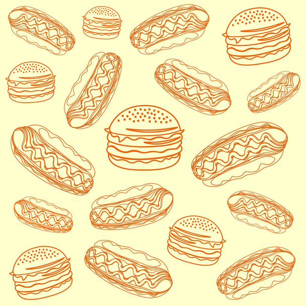 Burger és hot dog egy gyorsétterem, amely felvidítja az ebédet, burger, hot-dog, élő ízletes, élelmiszer, cutlet, kolbász, kontúr, vektor, illusztráció, minta - Vektor, kép