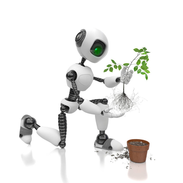Робот-гуманоид сажает саженцы в цветочный горшок на белом фоне. Будущая концепция с умной робототехникой и искусственным интеллектом. 3D концепт рендеринг. - Фото, изображение