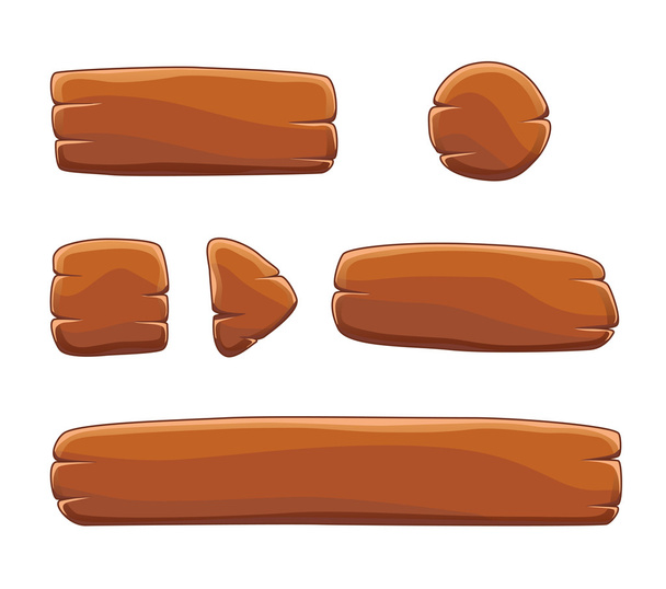 Set of cartoon wooden buttons with different shapes, vector gui elements - Vektor, obrázek