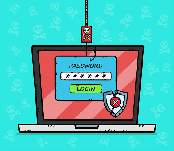 Gráfico mostrando phishing e hacking ataque durante o login do usuário. O escudo antivírus foi quebrado dando ao hacker acesso aos dados. Ilustração vetorial em estilo cartoon com contorno preto - Vetor, Imagem