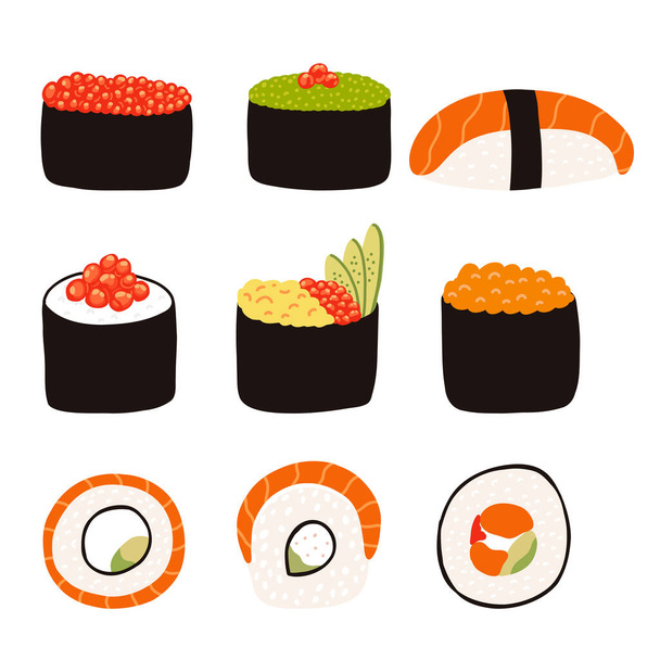 Sushi ambientado en estilo plano de dibujos animados. Ilustración vectorial dibujada a mano de la cocina tradicional japonesa. - Vector, imagen