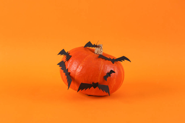 Zucca con pipistrelli su sfondo arancione. Natura morta di Halloween minima, arredamento, layout creativo. - Foto, immagini