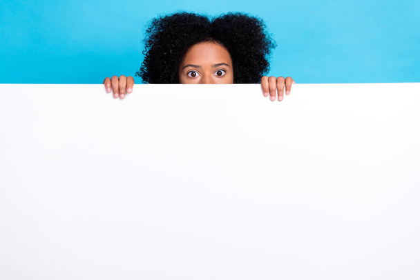 Portrait photo of excited afraid shocked schoolgirl kid hide big whiteboard nice advertisement offer deal shopping profit isolated on blue color background. - 写真・画像