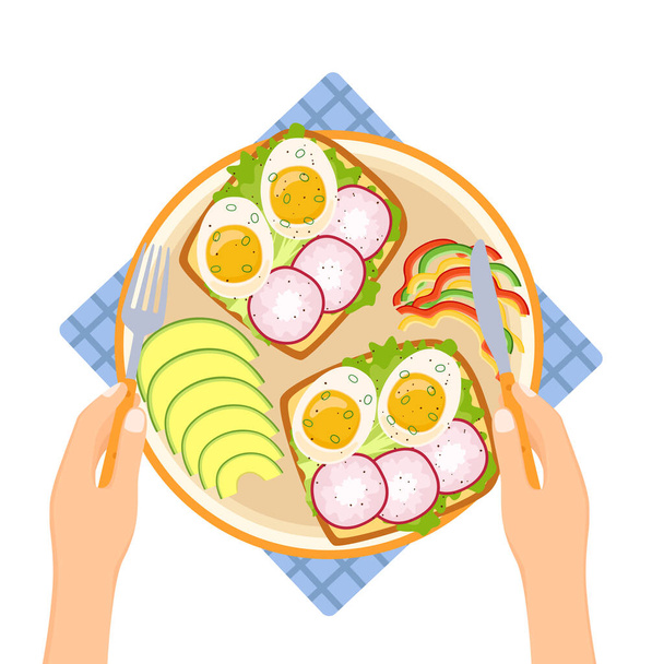 Hands holding fork and knife. Plate with avocado, pepper, toasts with egg and radish, vector illustration - Vector, imagen