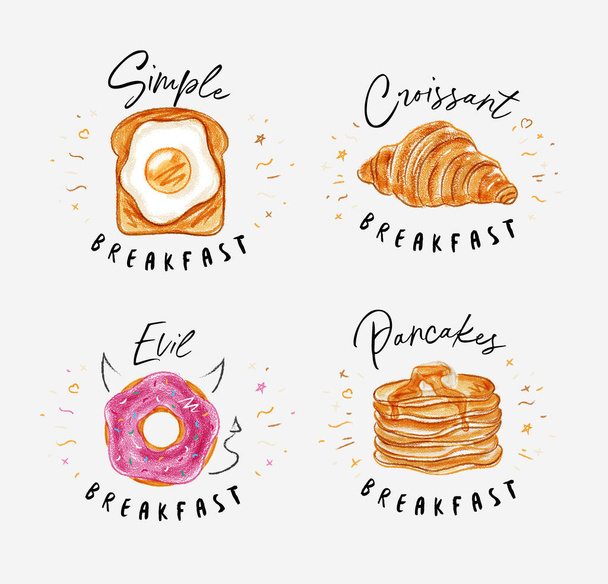 Ontbijt set ei en toast, Franse croissant, zoete donut, pannenkoeken met ahornsiroop tekening op lichte ondergrond - Vector, afbeelding