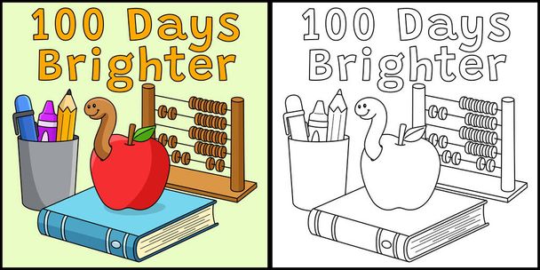Tato stránka zbarvení ukazuje 100. den školy jasnější. Jedna strana ilustrace je barevná a slouží jako inspirace pro děti. - Vektor, obrázek
