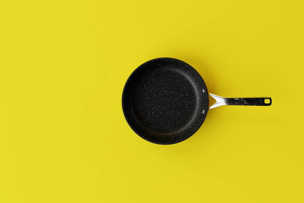 Schwarze Pfanne auf gelbem Hintergrund. Das Konzept des Braten, Kochens. Kauf von Küchengeräten, Geschirr. 3D-Darstellung. - Foto, Bild