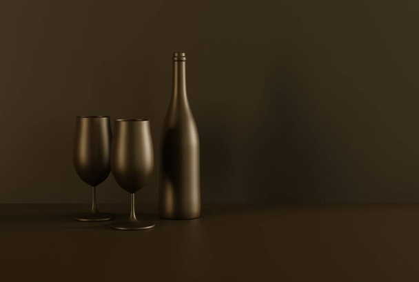 Kieliszki wina i butelka wina na żółtym ciemnym tle. Koncepcja martwej natury, szklanki, wino. Renderowanie 3D, ilustracja 3D. - Zdjęcie, obraz