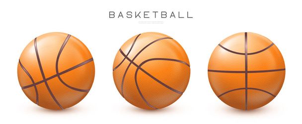 Vector ρεαλιστικές μπάλες μπάσκετ σε διαφορετικές απόψεις. Εικόνα αθλητικού εξοπλισμού που απομονώνεται σε λευκό φόντο EPS10 - Διάνυσμα, εικόνα