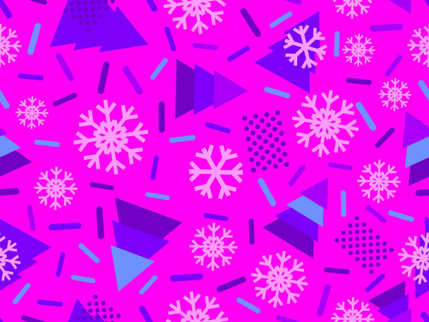 Christmas seamless pattern with Christmas decorations and geometric shapes in 80s style. Festive background for greeting cards, wrapping paper and banners. Vector illustration - Vector, Image