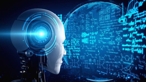 robot ominoide AI guardando schermo ologramma nel concetto di calcolo matematico e l'equazione scientifica analitica utilizzando l'intelligenza artificiale dal processo di apprendimento automatico. Rendering 3D. - Foto, immagini