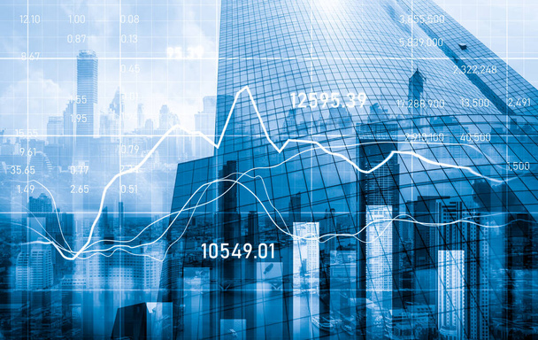 Stock market business concept. Financial graphs and digital indicators with modernistic urban area and skyscrapers as background. Double Exposure. - Valokuva, kuva