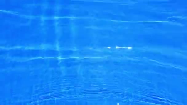 Keskity hämärtynyt läpinäkyvä sininen värillinen kirkas rauhallinen veden pintarakenne roiskeita ja kuplia. Trendikäs abstrakti tausta. Vesi aaltoja auringonvalossa kopioi tilaa. Sininen akvarelli kiiltoa - Materiaali, video
