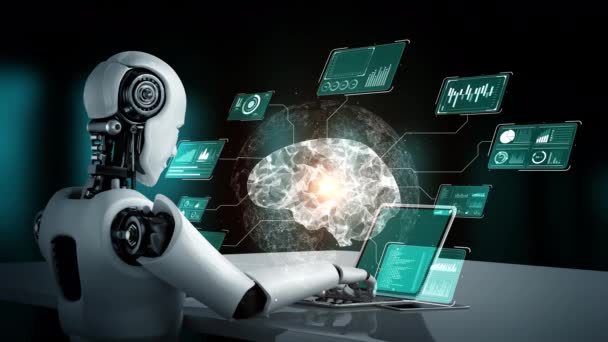 El hominoide robot usa la computadora portátil y se sienta a la mesa para el análisis de big data usando el cerebro pensante de IA, la inteligencia artificial y el proceso de aprendizaje automático para la cuarta revolución industrial. Renderizado 3D. - Imágenes, Vídeo