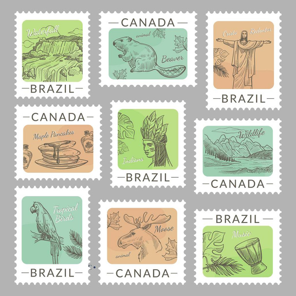 Post mark set with canada, brazil national elements. Postage stamp collection with hand drawn country nature, animals and food, vector illustration. Decorative design with colorful background - ベクター画像