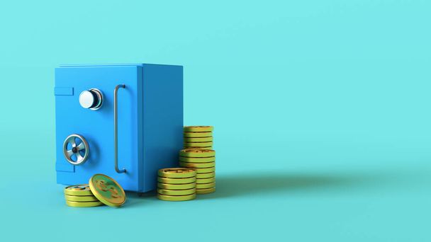 Caja fuerte rodeada de una pila de monedas de oro con un signo de dólar sobre un fondo azul con espacio para texto o logotipo. Almacenamiento seguro de ahorros. Protección de depósitos bancarios y riqueza. Renderizado 3D - Foto, Imagen