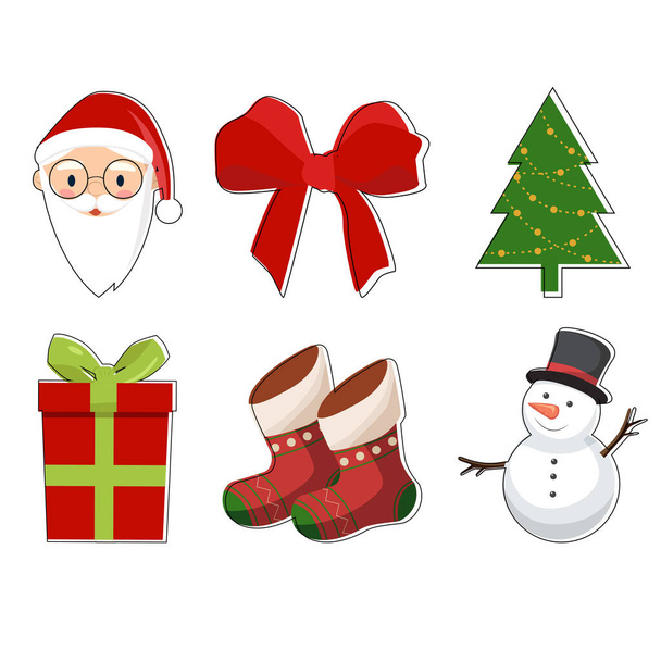 Christmas theme colorful icons with Santa, christmas tree, ribbon, gift box, socks and snowman isolated on white - Vektör, Görsel