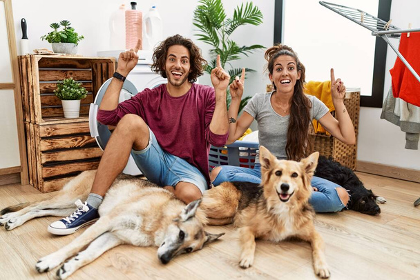Young hispanic couple doing laundry with dogs smiling amazed and surprised and pointing up with fingers and raised arms.  - Foto, Imagen