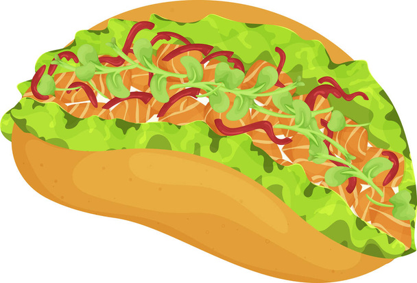 Tacos con riso, salmone e verdure, pepe rosso per la decorazione. Clienti. Illustrazione vettoriale di cibo, alimentazione sana, cucina, menu, frutti di mare - Vettoriali, immagini