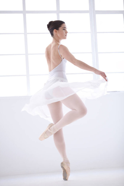 Graceful beauty. Graceful young ballerina in white dancing en pointe - Photo, Image
