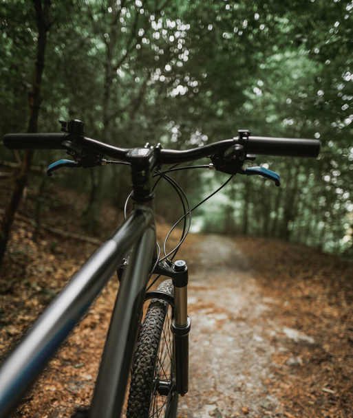 Mountain ποδήλατο τιμόνι προβάλλεται από την προοπτική πρώτου προσώπου perspective.handlebar και το μονοπάτι δάσος. Έννοια του χρόνου σε εξωτερικούς χώρους, ενώ ποδηλασία - Φωτογραφία, εικόνα