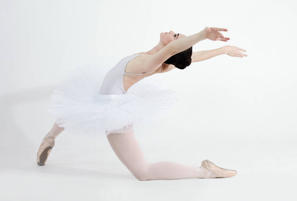 Pasión controlada. Bailarina joven flexible bailando sobre un fondo blanco - Foto, Imagen